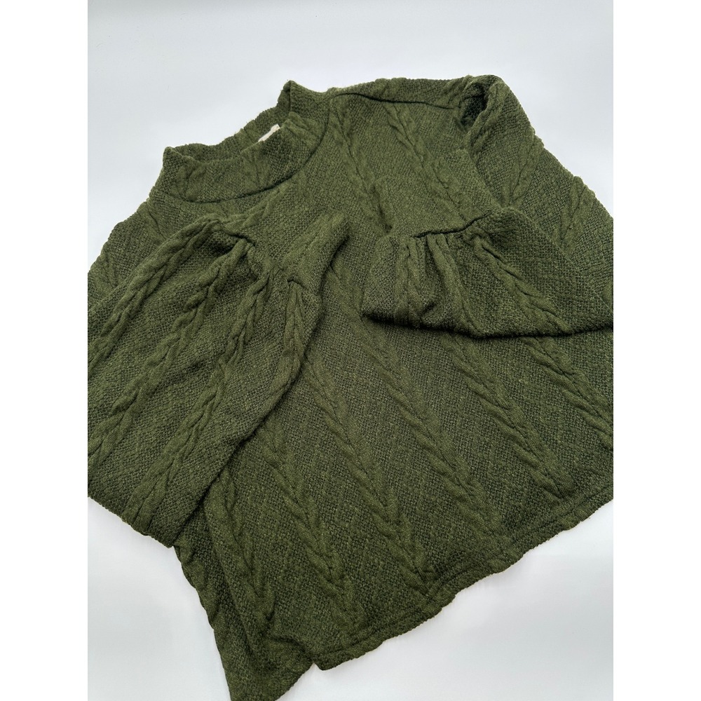 Womens M Olive Green Cable Knit Cropped Sweater Cabincore Balloon Sleeve Fall